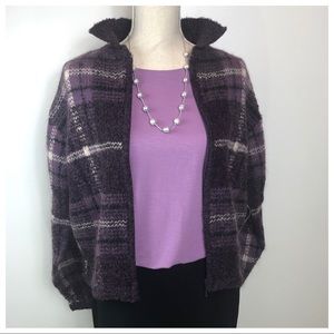 Vintage Plaid Purple Mohair Front Zip Cardigan- L